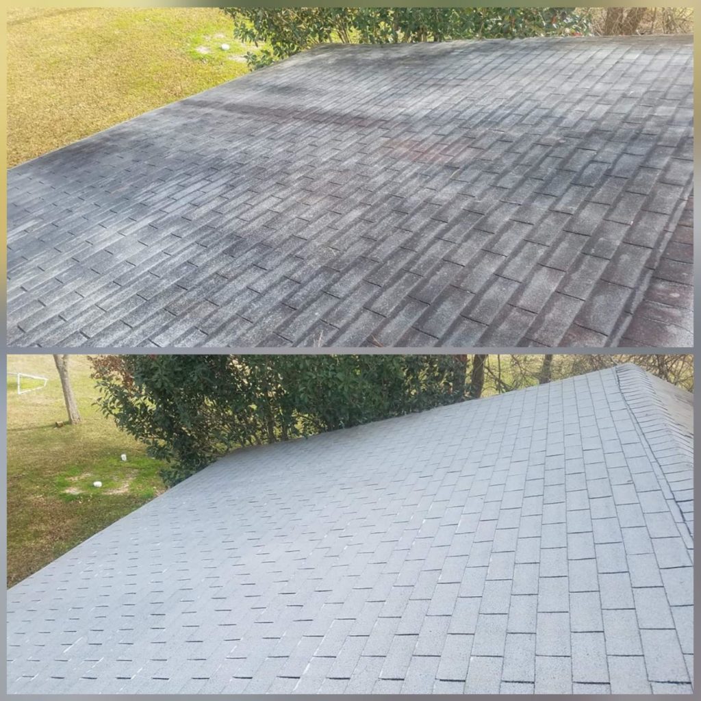 Before and after soft washing of a shingle roof, showing the removal of dirt, algae, and stains for a cleaner surface.