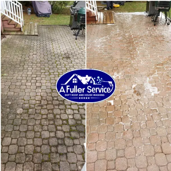 Heavily stained brick wall before and after pressure washing, revealing a restored and clean exterior surface.