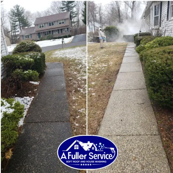 Paver patio before and after professional pressure washing, removing moss and dirt for a refreshed outdoor space.